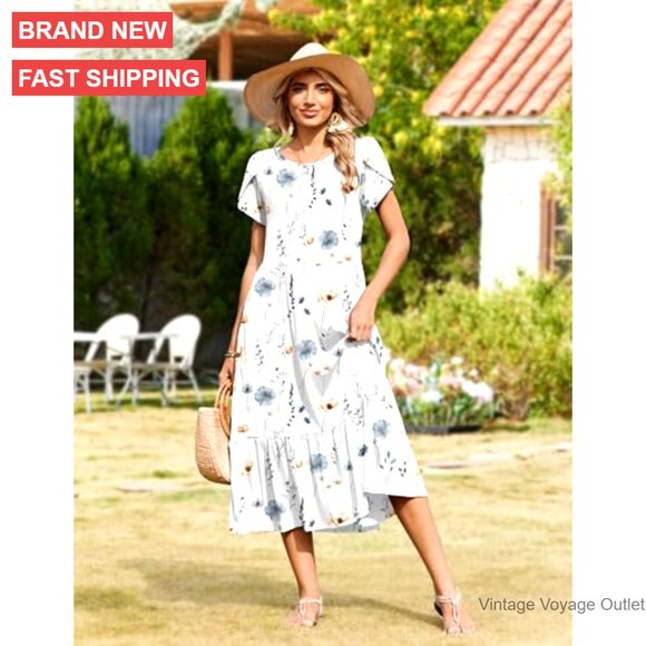 Summer Midi A-Line Dress Short Sleeve Casual Flowy Tiered Beach Sundress with - Picture 4 of 7